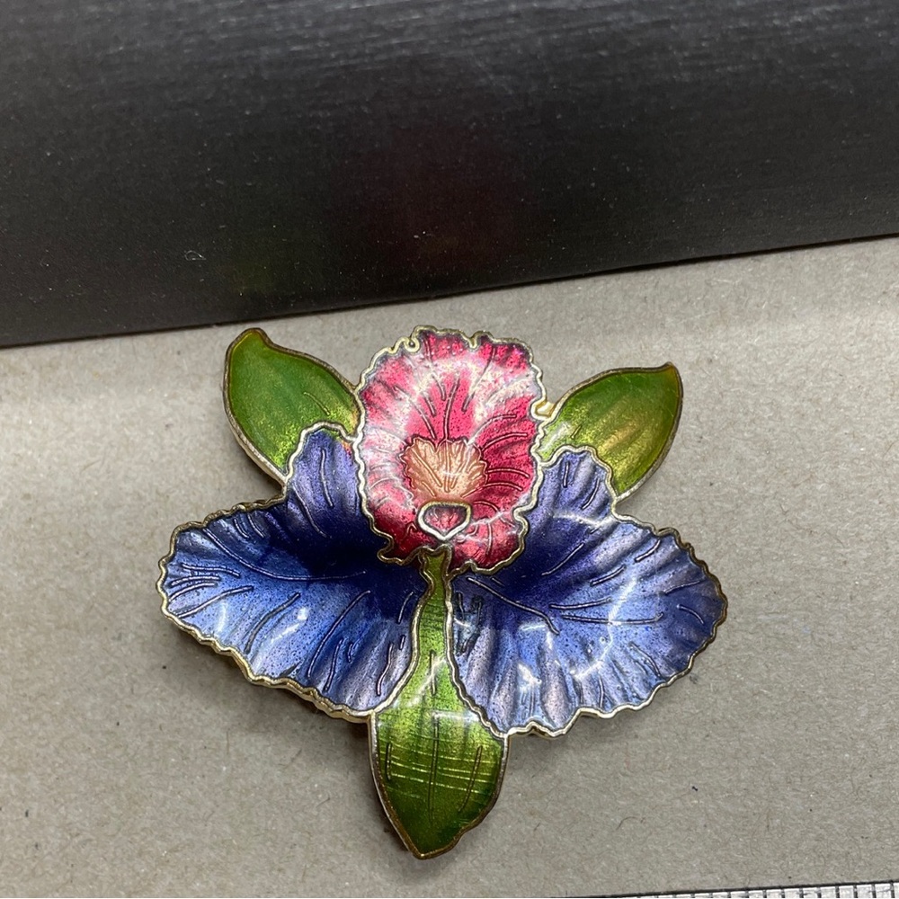 Cloisonné Orchid Flower Periwinkle & Pinks Gold Tone 3D Vintage 2” Brooch - Picture 14 of 14